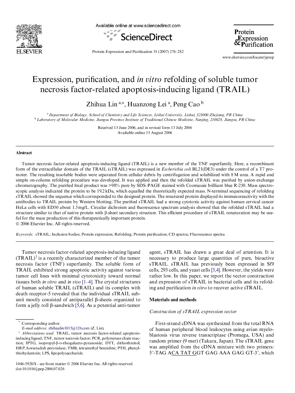 Expression, purification, and in vitro refolding of soluble tumor necrosis factor-related apoptosis-inducing ligand (TRAIL)