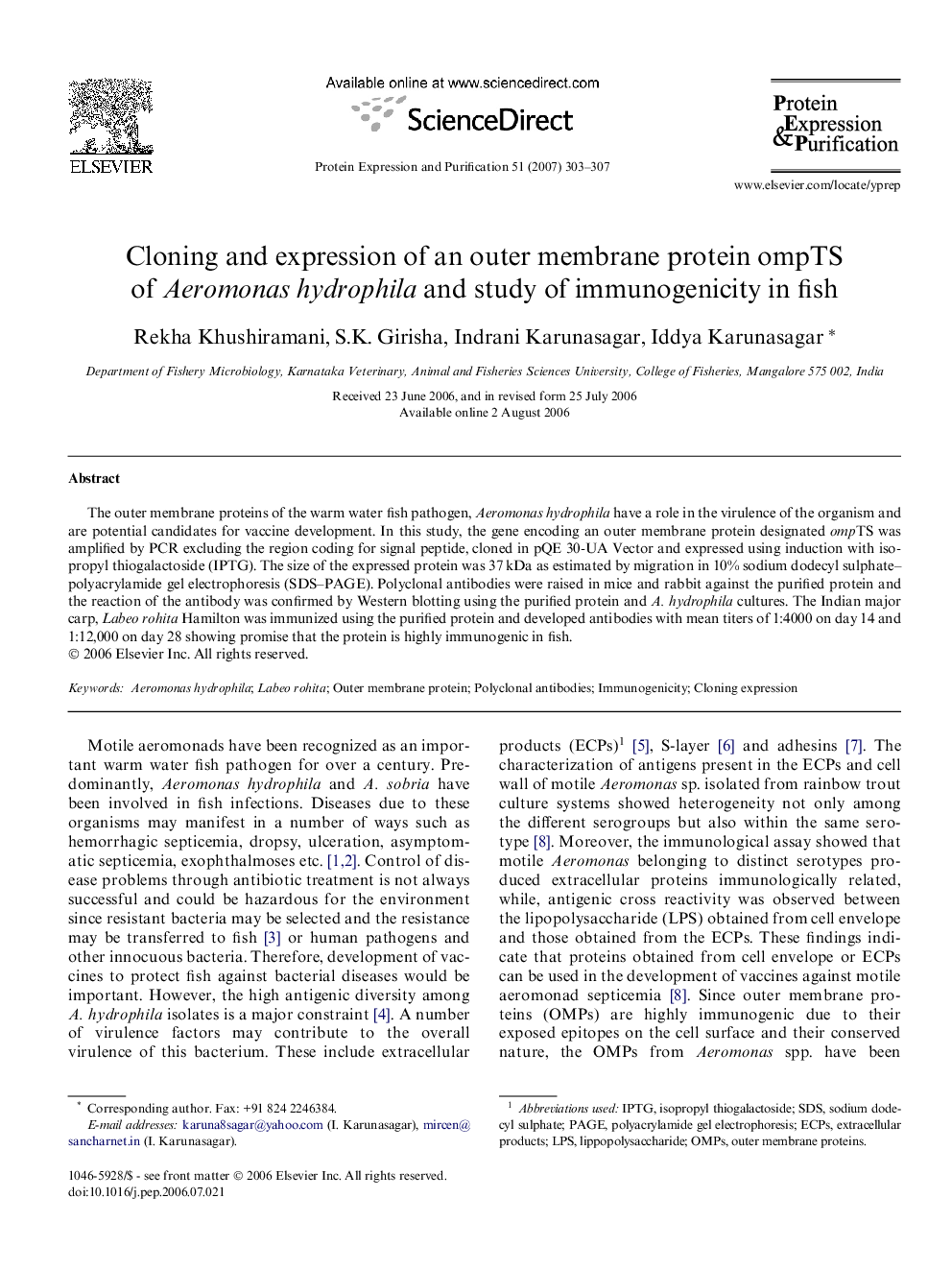 Cloning and expression of an outer membrane protein ompTS of Aeromonas hydrophila and study of immunogenicity in fish