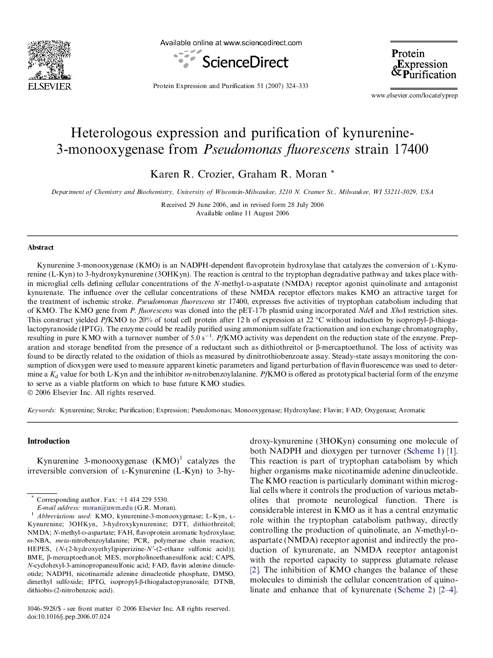 Heterologous expression and purification of kynurenine-3-monooxygenase from Pseudomonas fluorescens strain 17400