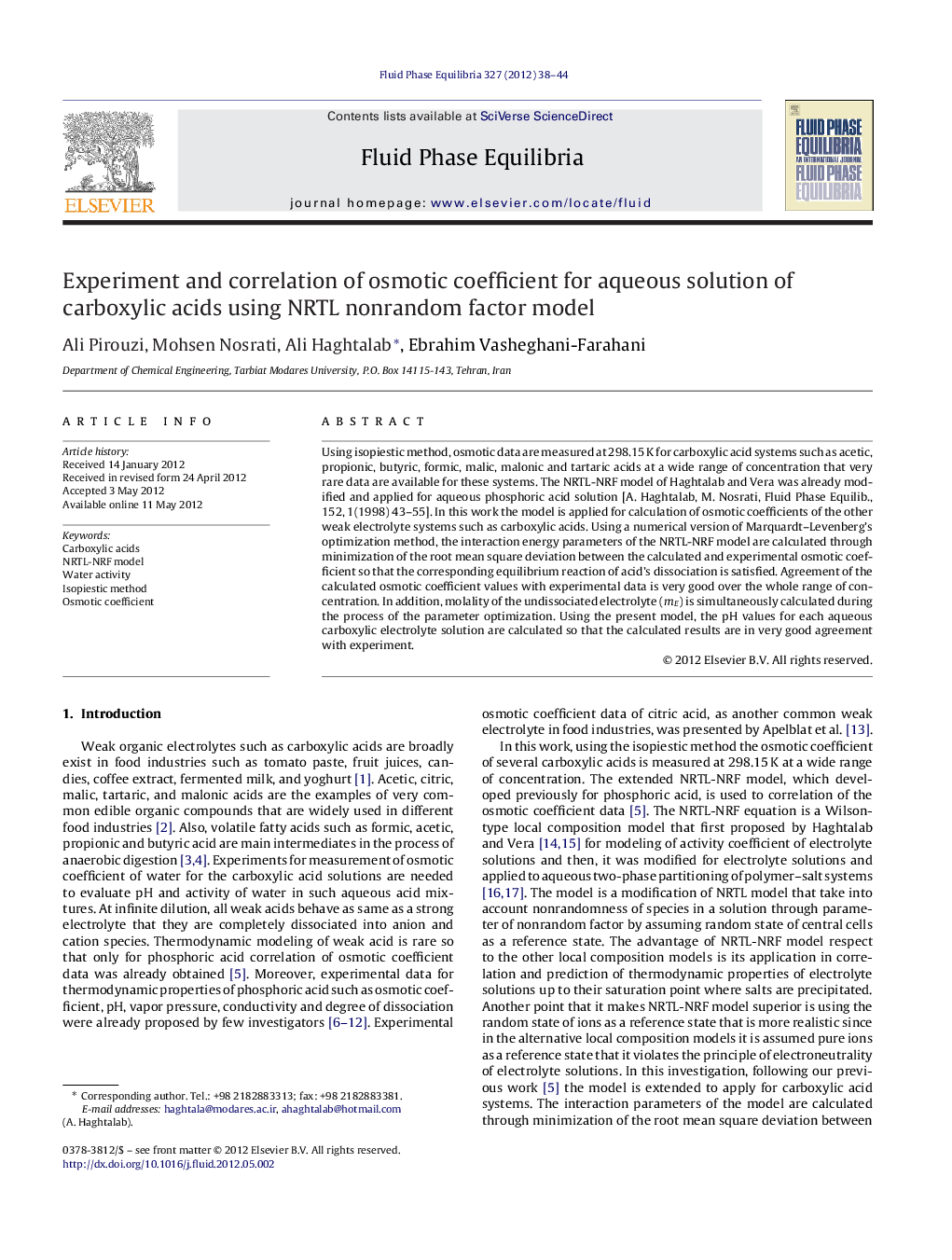 Experiment and correlation of osmotic coefficient for aqueous solution of carboxylic acids using NRTL nonrandom factor model