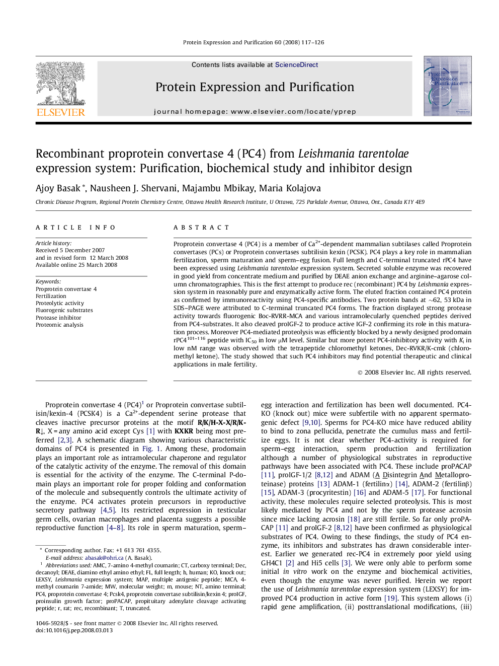 Recombinant proprotein convertase 4 (PC4) from Leishmania tarentolae expression system: Purification, biochemical study and inhibitor design