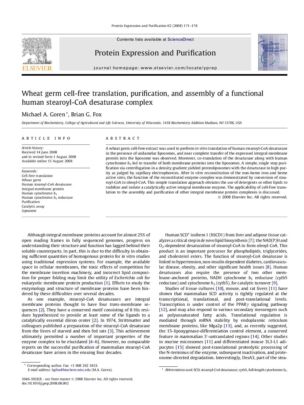 Wheat germ cell-free translation, purification, and assembly of a functional human stearoyl-CoA desaturase complex