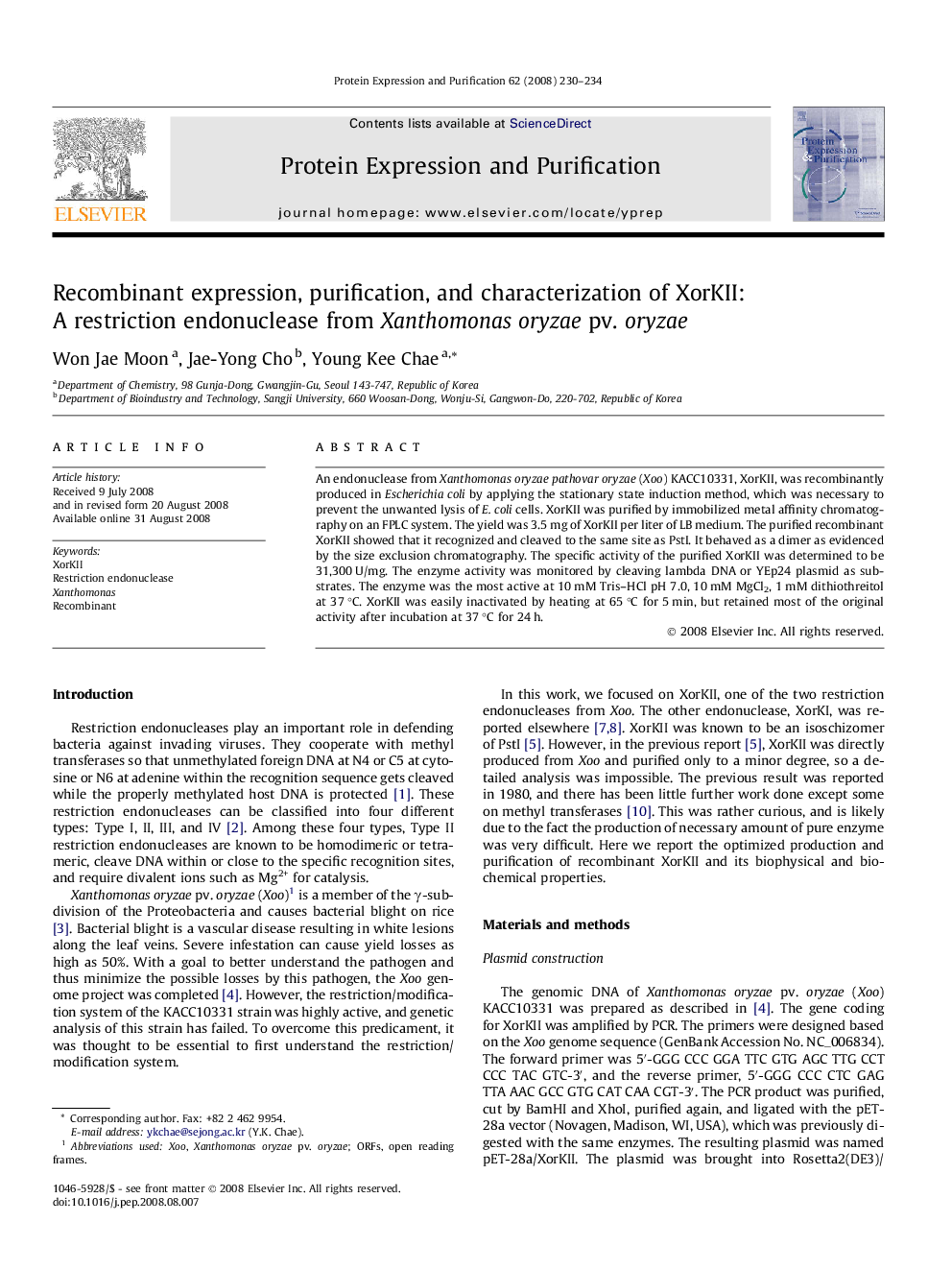 Recombinant expression, purification, and characterization of XorKII: A restriction endonuclease from Xanthomonas oryzae pv. oryzae