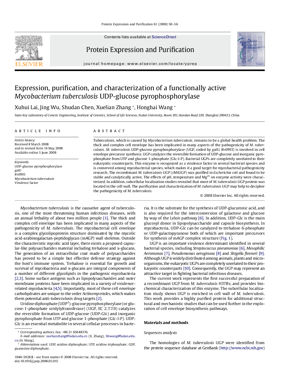 Expression, purification, and characterization of a functionally active Mycobacterium tuberculosis UDP-glucose pyrophosphorylase