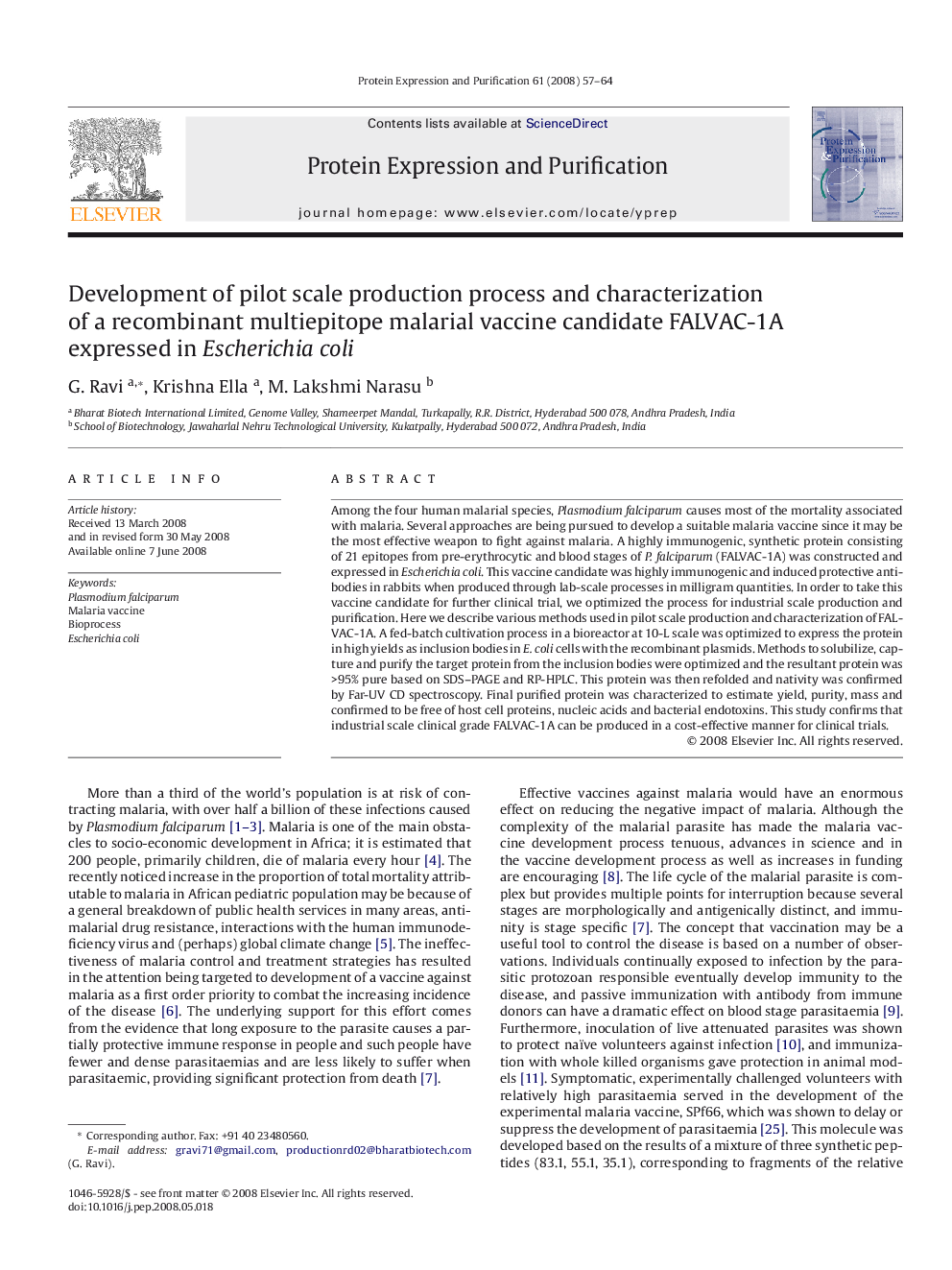 Development of pilot scale production process and characterization of a recombinant multiepitope malarial vaccine candidate FALVAC-1A expressed in Escherichia coli