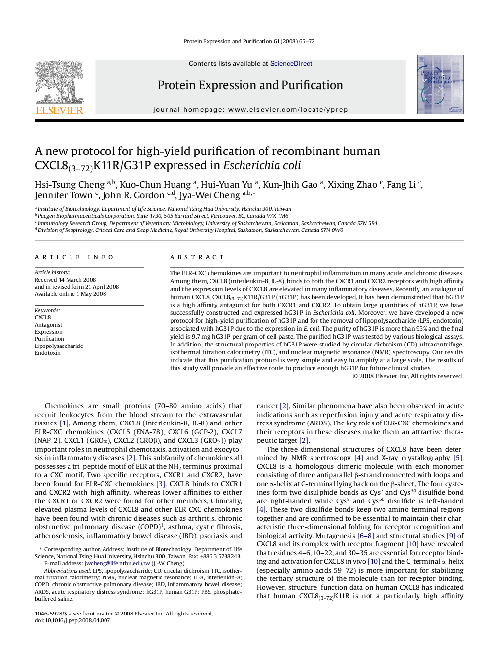 A new protocol for high-yield purification of recombinant human CXCL8(3–72)K11R/G31P expressed in Escherichia coli