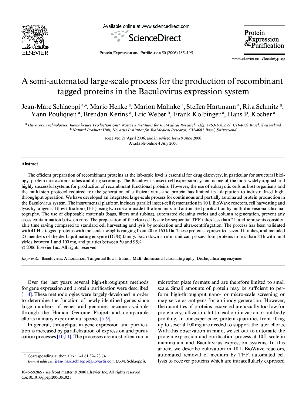 A semi-automated large-scale process for the production of recombinant tagged proteins in the Baculovirus expression system
