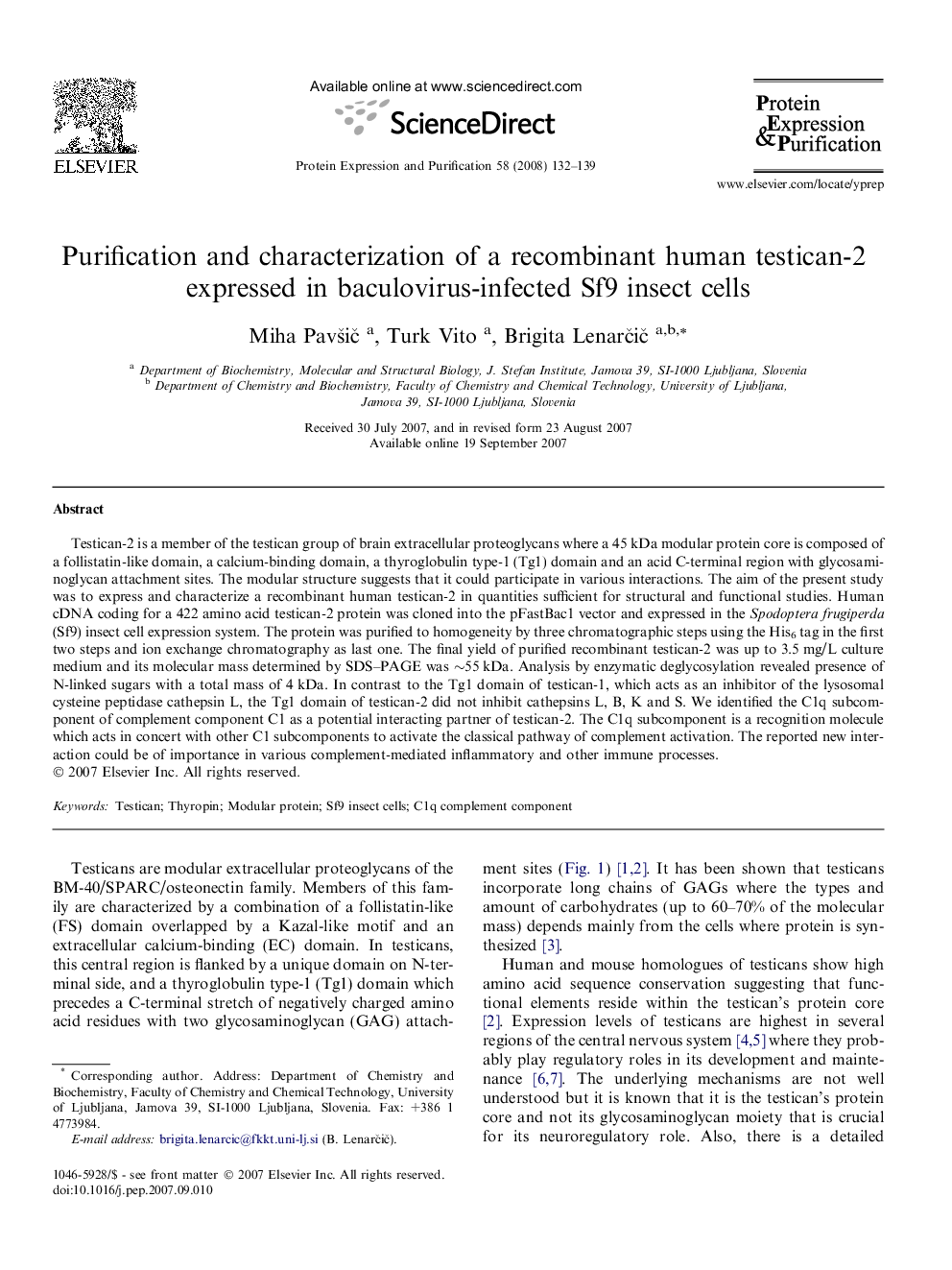 Purification and characterization of a recombinant human testican-2 expressed in baculovirus-infected Sf9 insect cells