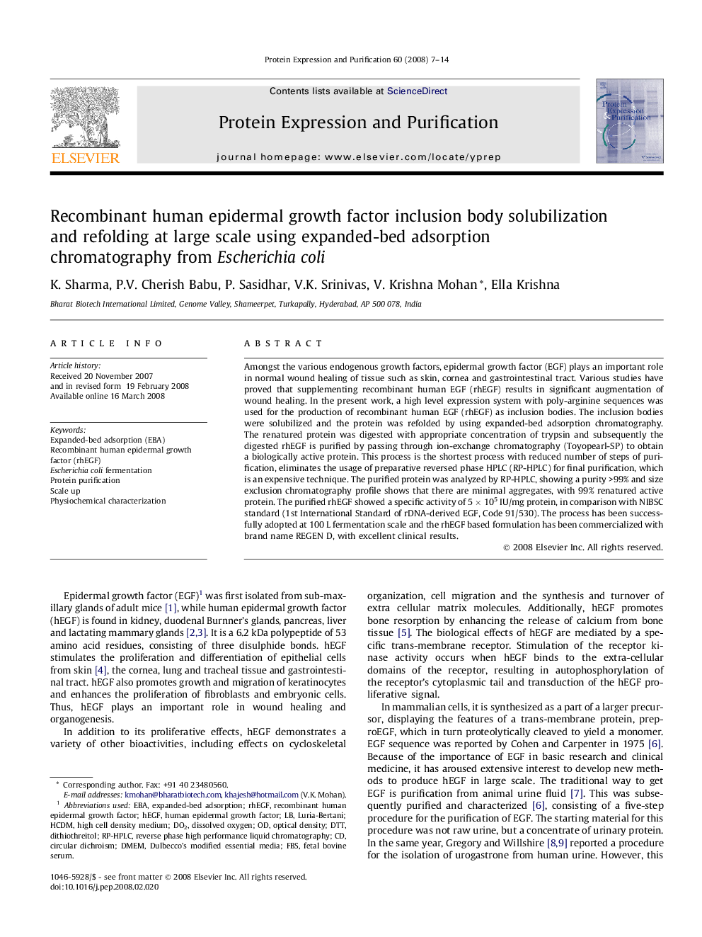 Recombinant human epidermal growth factor inclusion body solubilization and refolding at large scale using expanded-bed adsorption chromatography from Escherichia coli