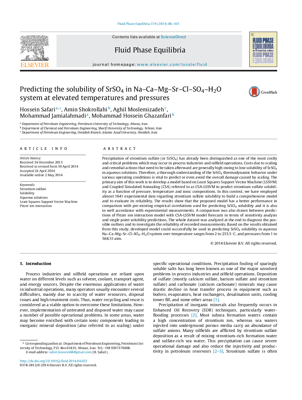 Predicting the solubility of SrSO4 in Na–Ca–Mg–Sr–Cl–SO4–H2O system at elevated temperatures and pressures