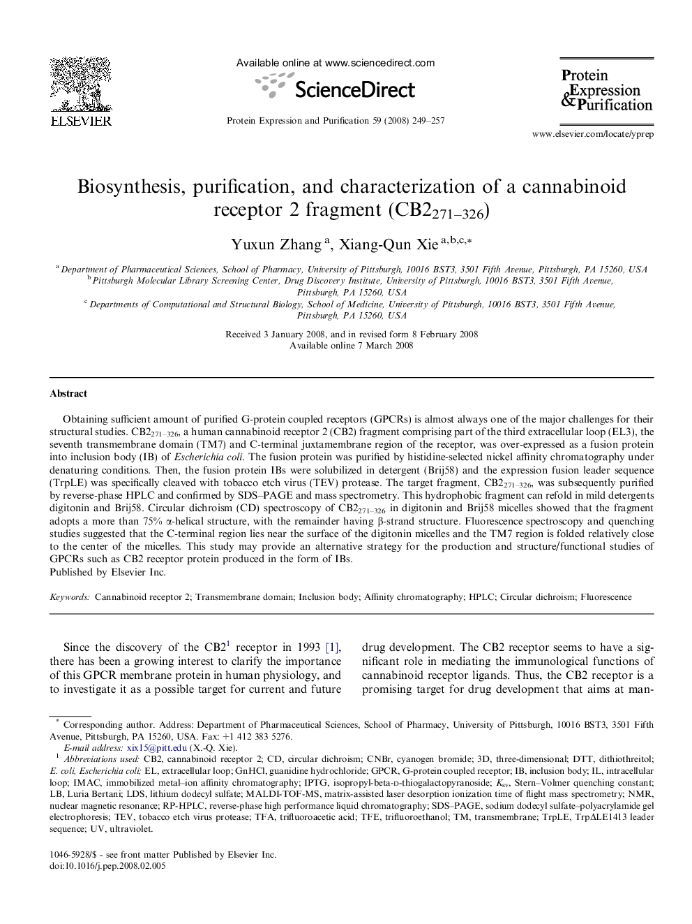 Biosynthesis, purification, and characterization of a cannabinoid receptor 2 fragment (CB2271–326)