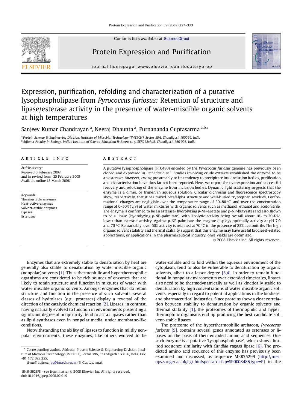 Expression, purification, refolding and characterization of a putative lysophospholipase from Pyrococcus furiosus: Retention of structure and lipase/esterase activity in the presence of water-miscible organic solvents at high temperatures