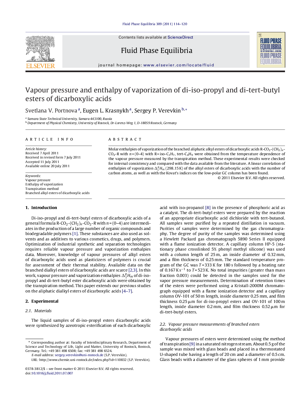 Vapour pressure and enthalpy of vaporization of di-iso-propyl and di-tert-butyl esters of dicarboxylic acids