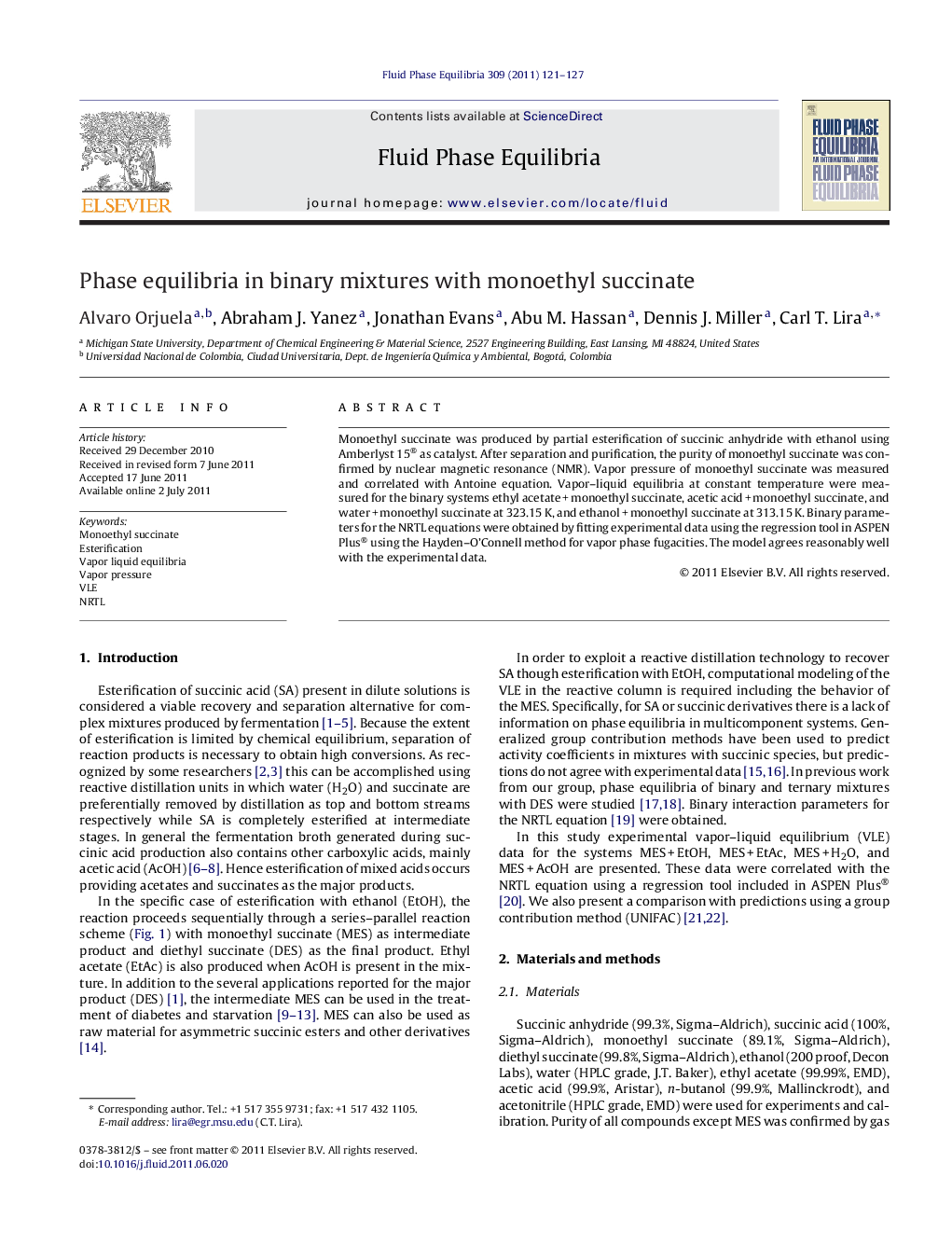 Phase equilibria in binary mixtures with monoethyl succinate