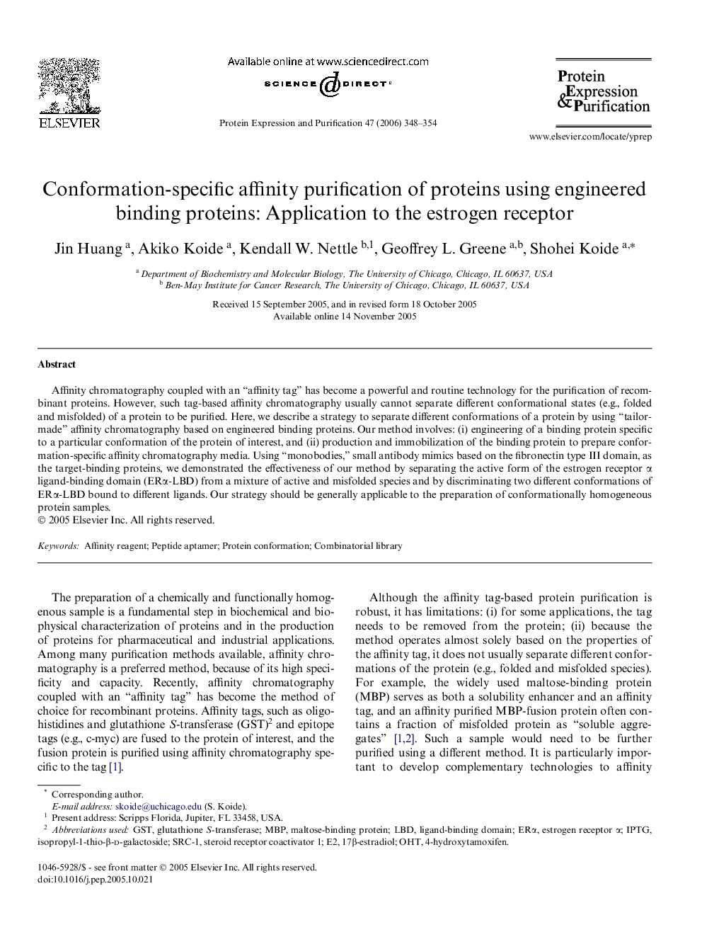 Conformation-specific affinity purification of proteins using engineered binding proteins: Application to the estrogen receptor