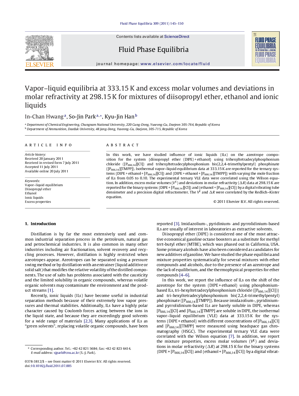 Vapor–liquid equilibria at 333.15 K and excess molar volumes and deviations in molar refractivity at 298.15 K for mixtures of diisopropyl ether, ethanol and ionic liquids