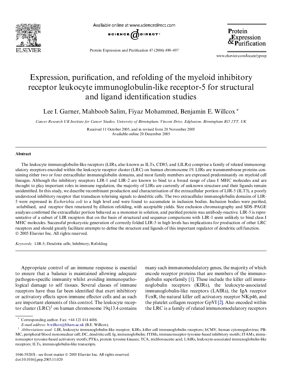 Expression, purification, and refolding of the myeloid inhibitory receptor leukocyte immunoglobulin-like receptor-5 for structural and ligand identification studies