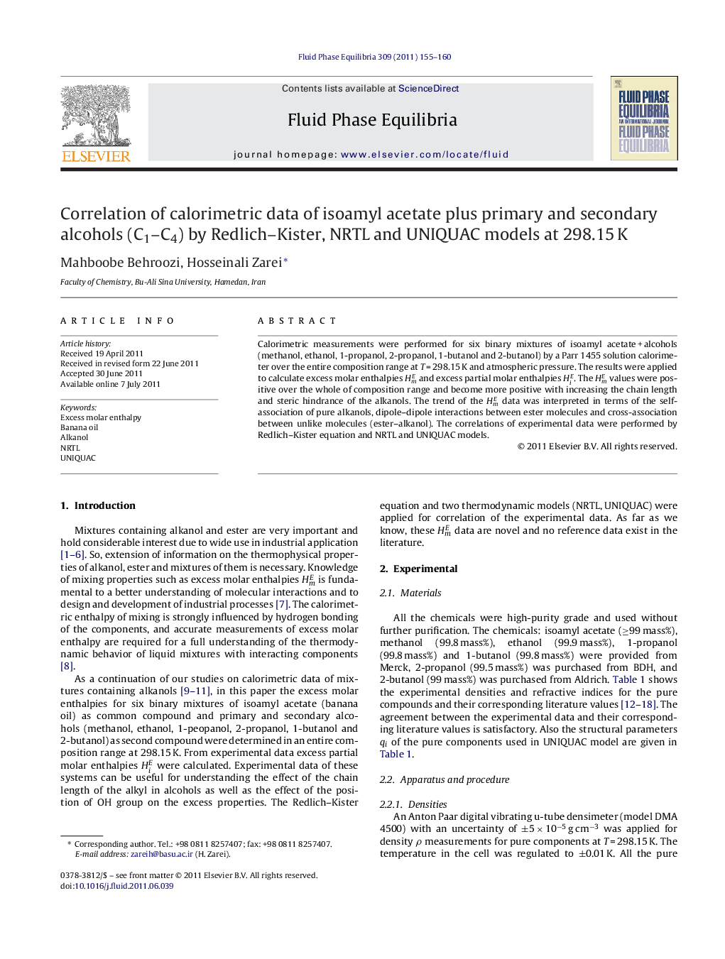 Correlation of calorimetric data of isoamyl acetate plus primary and secondary alcohols (C1–C4) by Redlich–Kister, NRTL and UNIQUAC models at 298.15 K