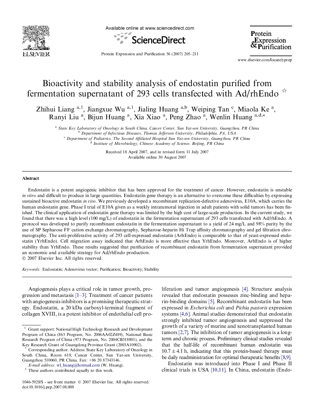 Bioactivity and stability analysis of endostatin purified from fermentation supernatant of 293 cells transfected with Ad/rhEndo 