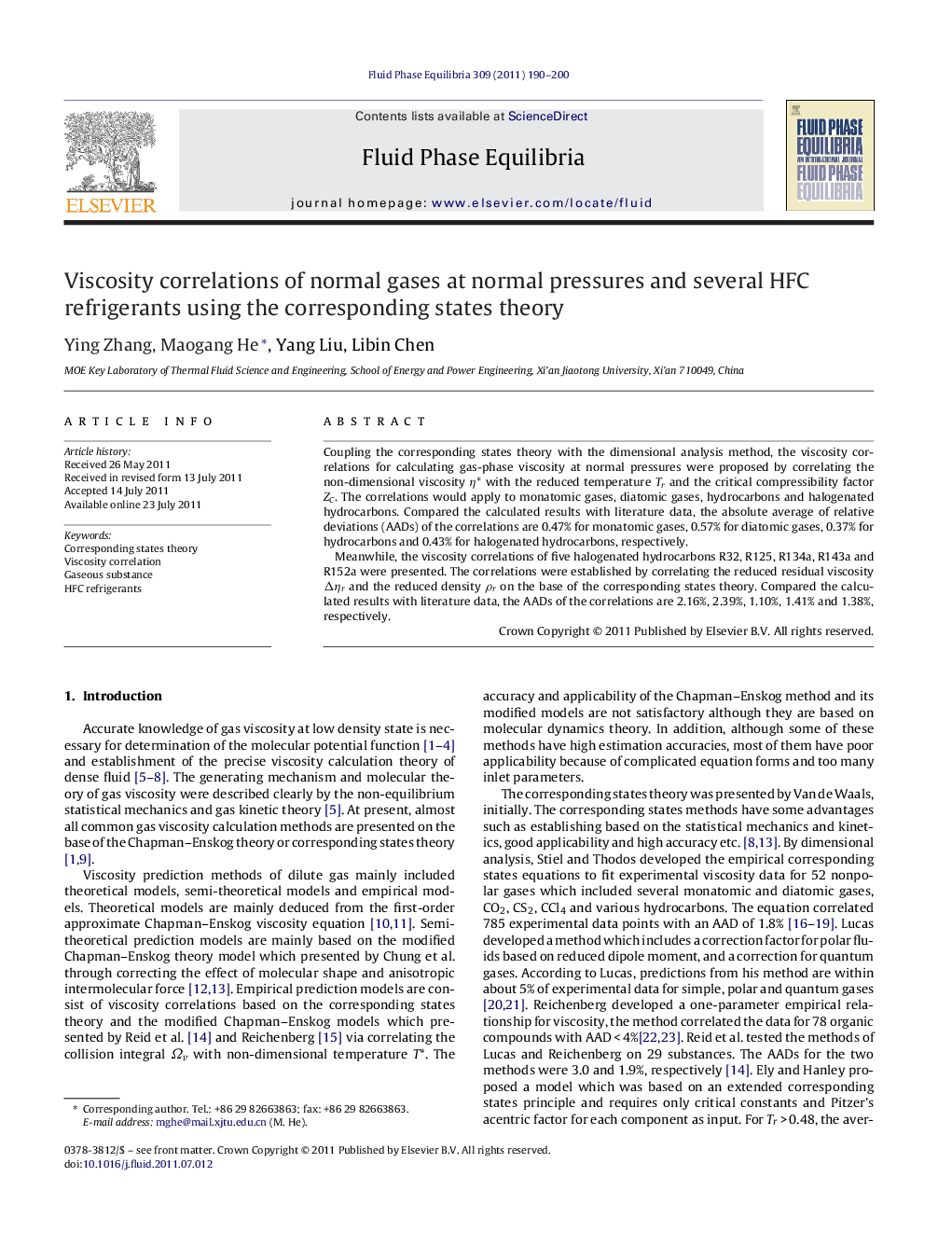 عکس صفحه اول مقاله: Viscosity correlations of normal gases at normal pressures and several HFC refrigerants using the corresponding states theory Viscosity correlations of normal gases at normal pressures and several HFC refrigerants using the corresponding states theory