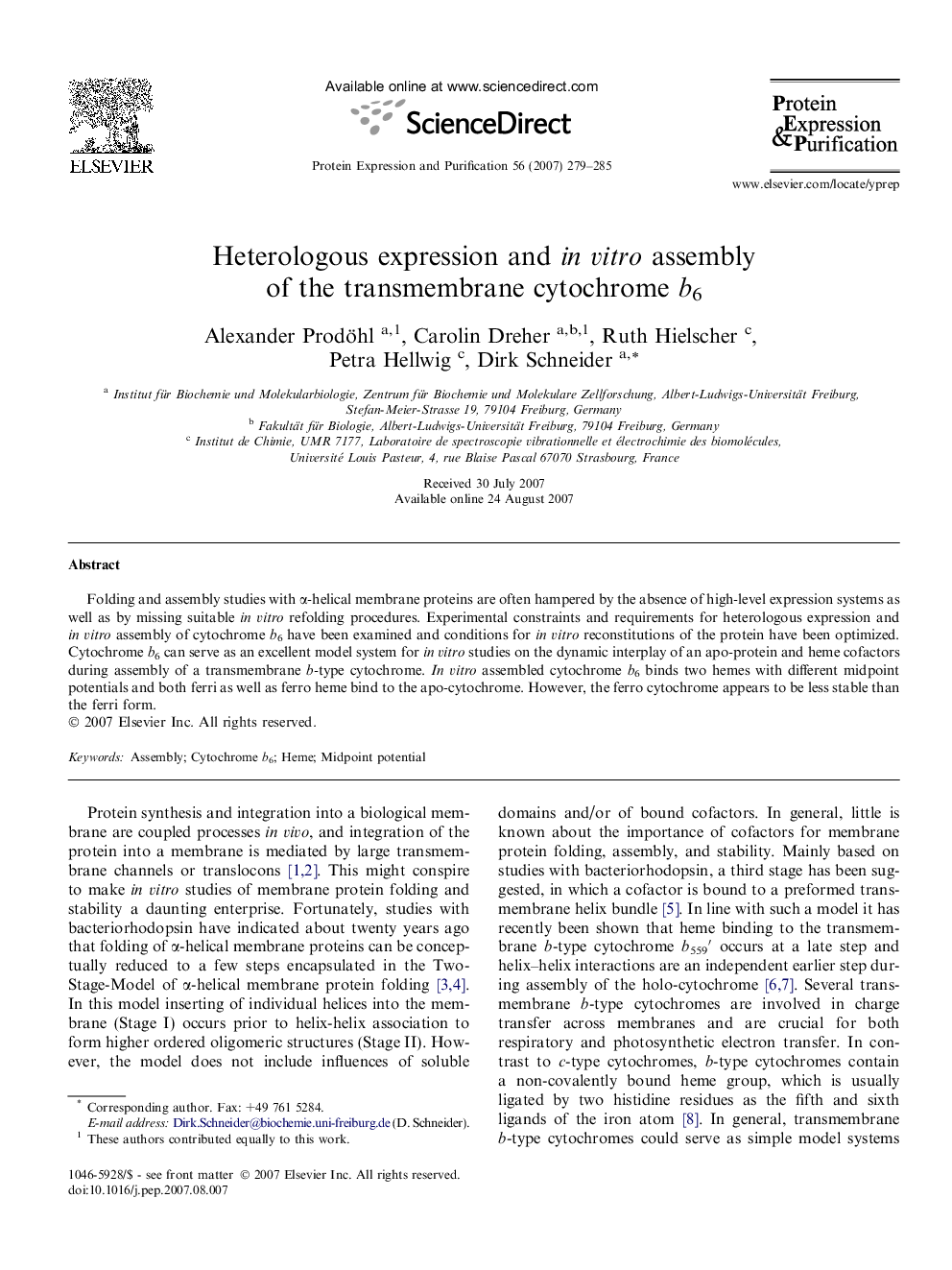 Heterologous expression and in vitro assembly of the transmembrane cytochrome b6