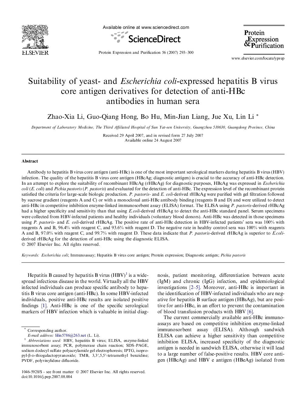 Suitability of yeast- and Escherichia coli-expressed hepatitis B virus core antigen derivatives for detection of anti-HBc antibodies in human sera