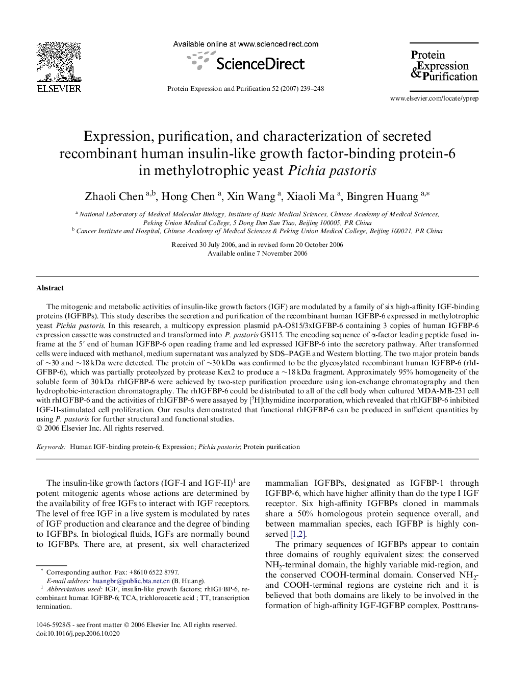 Expression, purification, and characterization of secreted recombinant human insulin-like growth factor-binding protein-6 in methylotrophic yeast Pichia pastoris