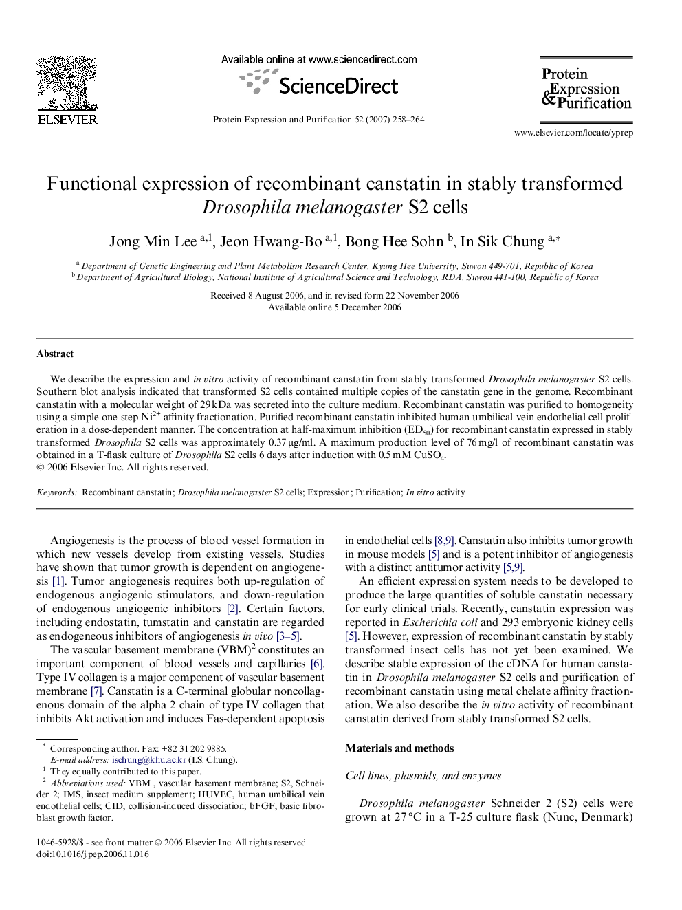 Functional expression of recombinant canstatin in stably transformed Drosophila melanogaster S2 cells