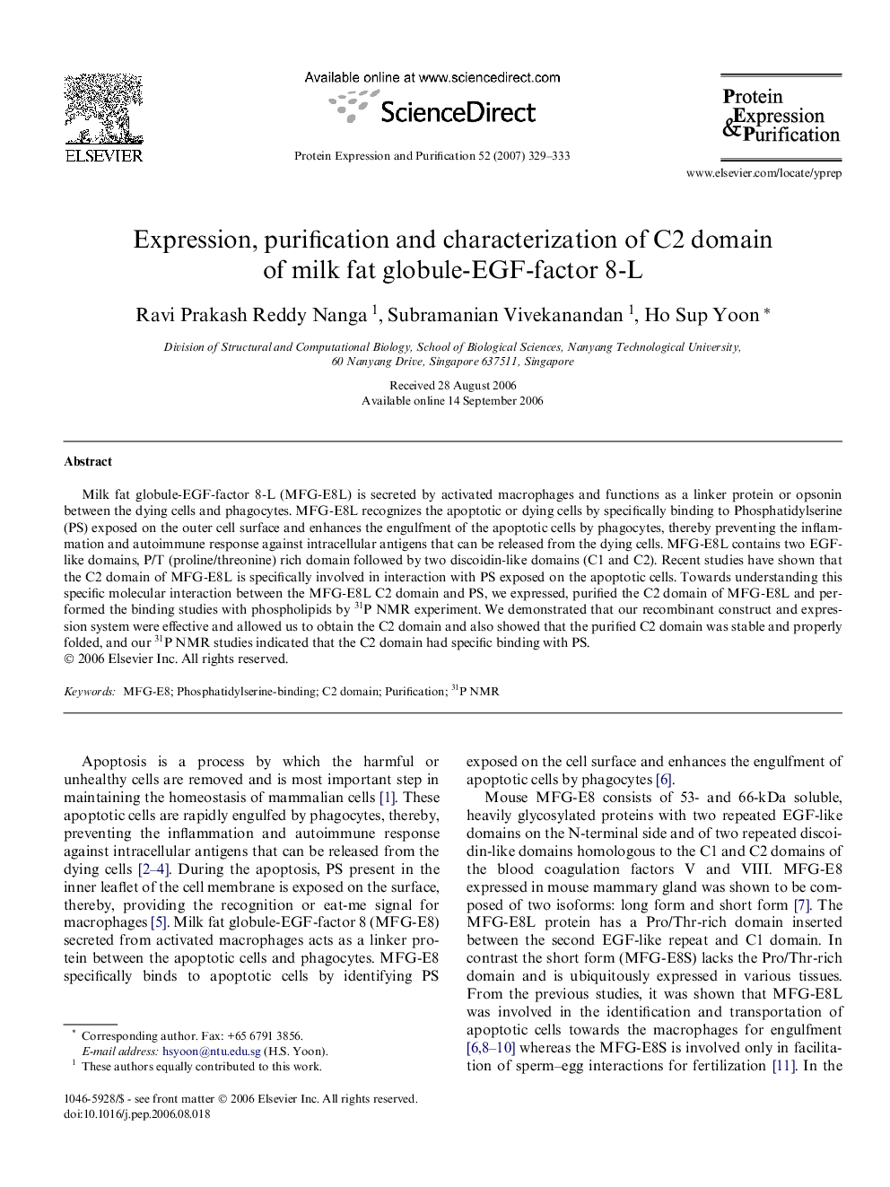 Expression, purification and characterization of C2 domain of milk fat globule-EGF-factor 8-L