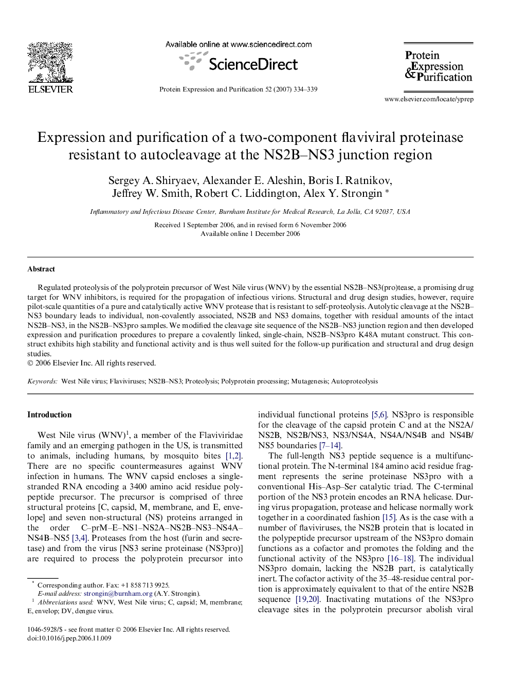 Expression and purification of a two-component flaviviral proteinase resistant to autocleavage at the NS2B–NS3 junction region