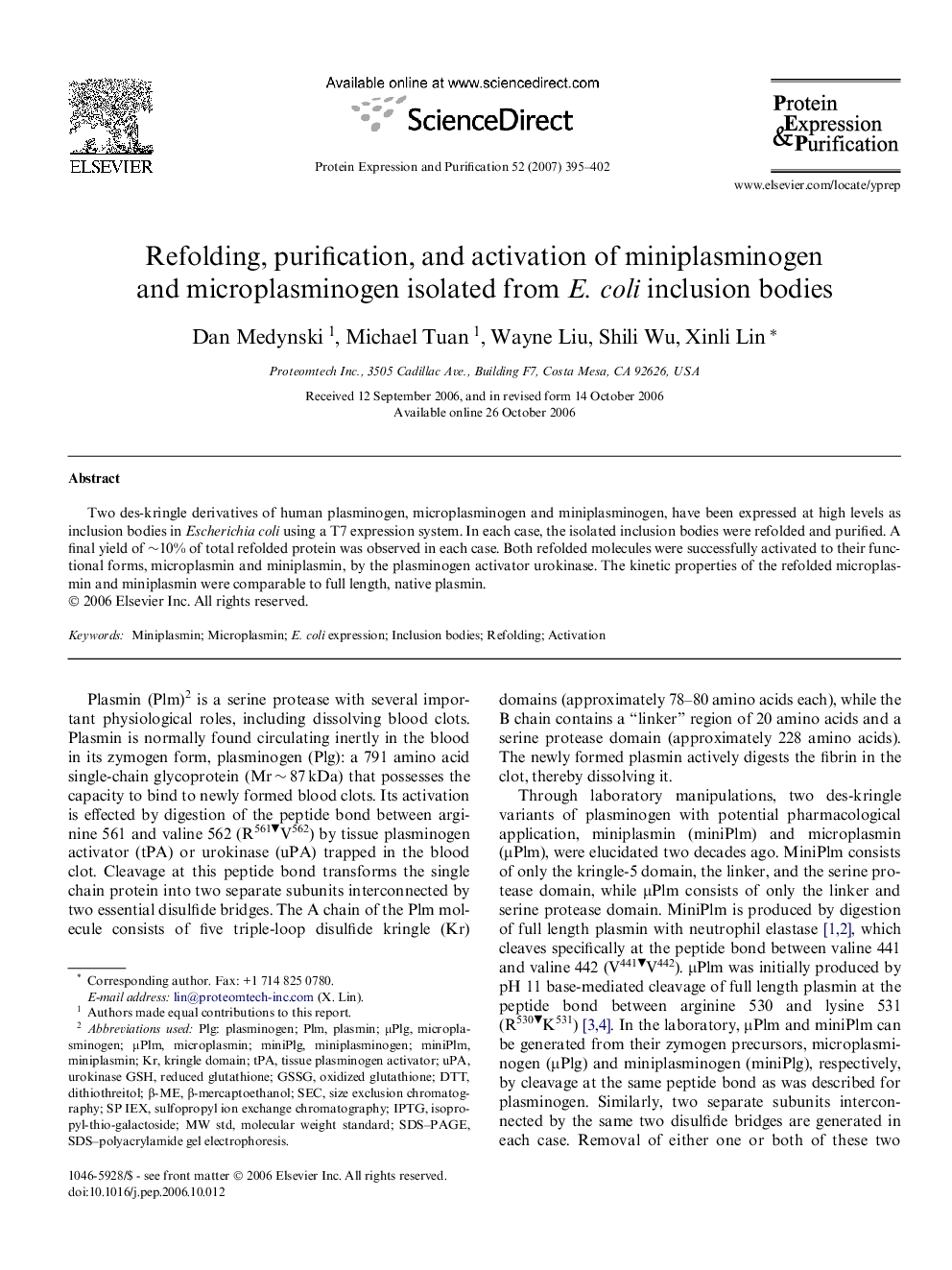 Refolding, purification, and activation of miniplasminogen and microplasminogen isolated from E. coli inclusion bodies