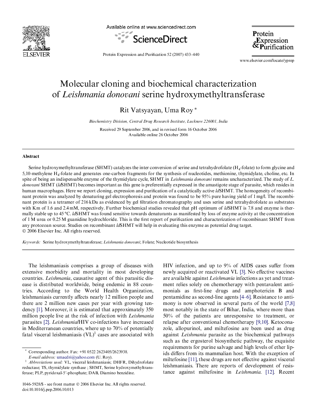 Molecular cloning and biochemical characterization of Leishmania donovani serine hydroxymethyltransferase