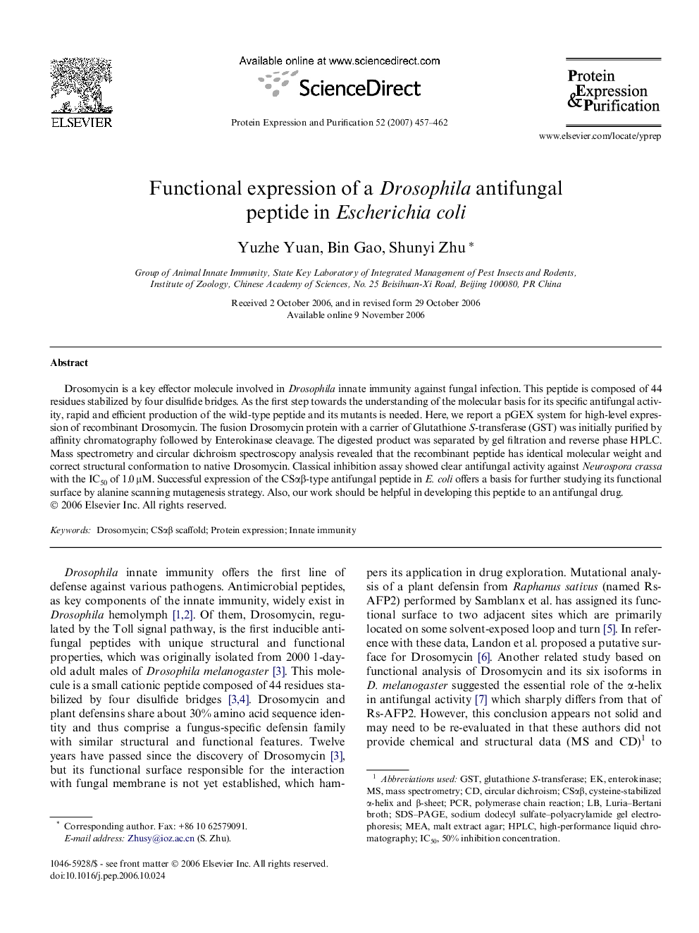 Functional expression of a Drosophila antifungal peptide in Escherichia coli