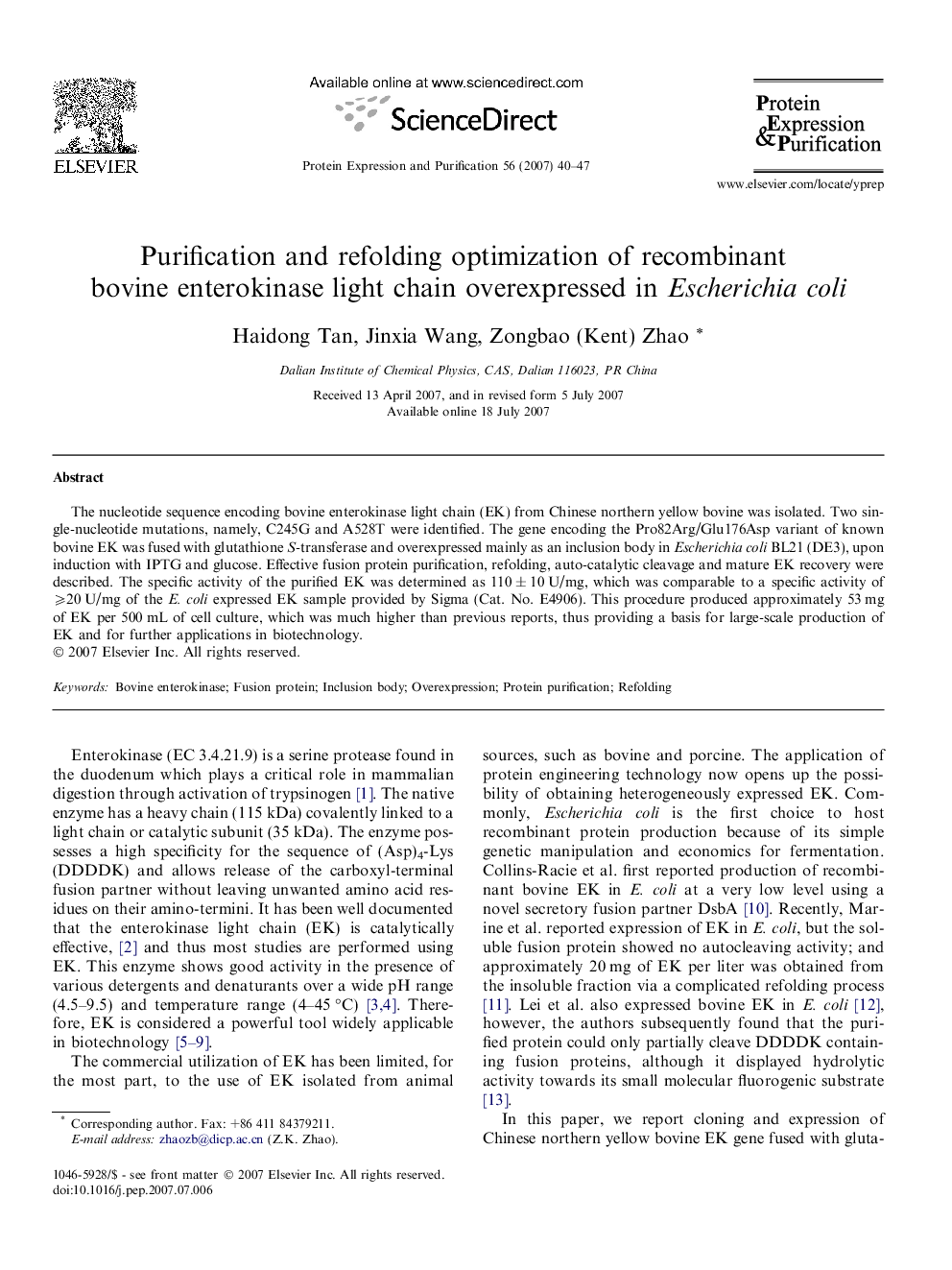 Purification and refolding optimization of recombinant bovine enterokinase light chain overexpressed in Escherichia coli