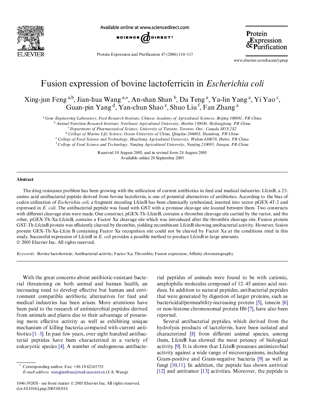 Fusion expression of bovine lactoferricin in Escherichia coli