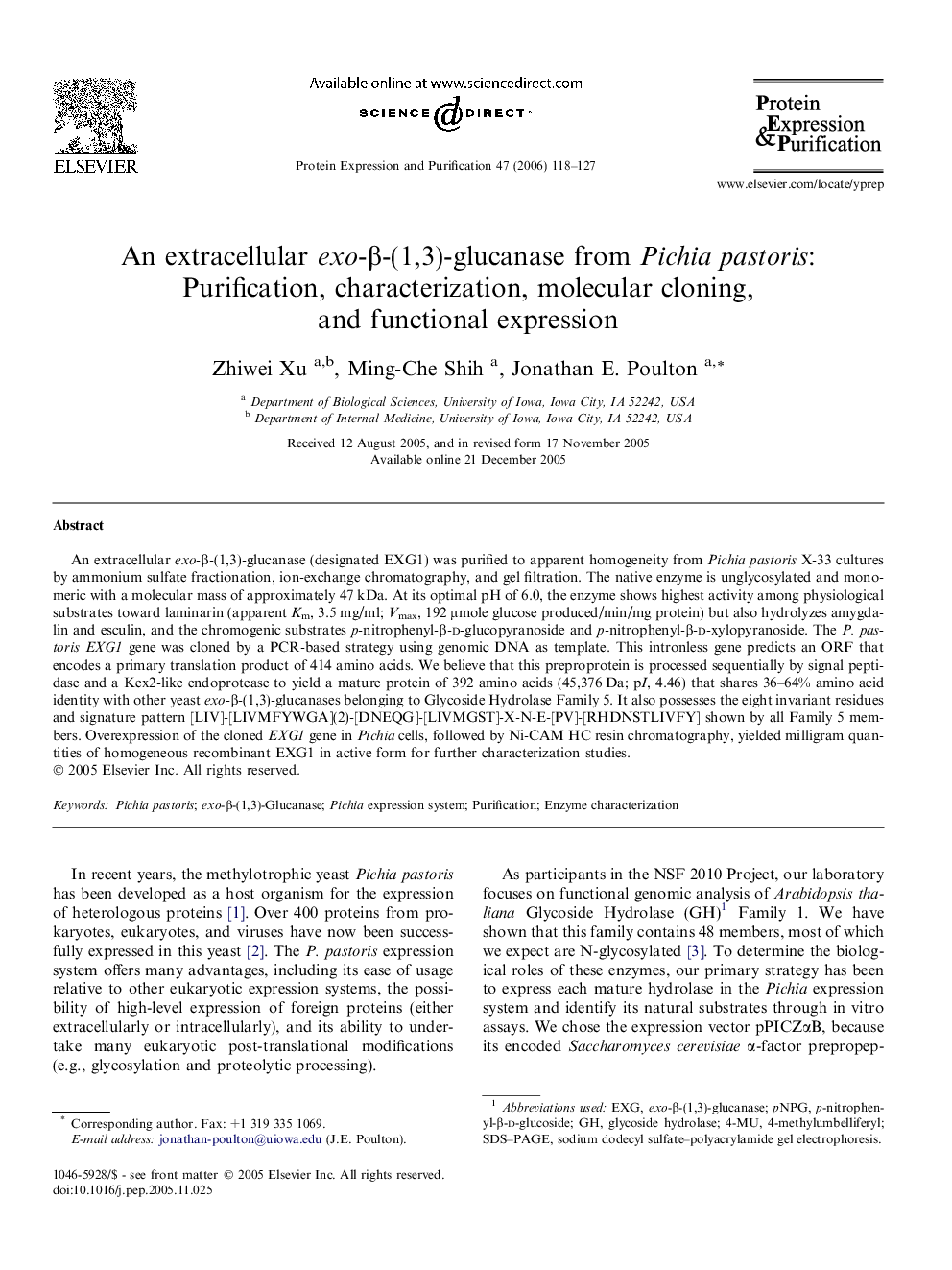 An extracellular exo-β-(1,3)-glucanase from Pichia pastoris: Purification, characterization, molecular cloning, and functional expression