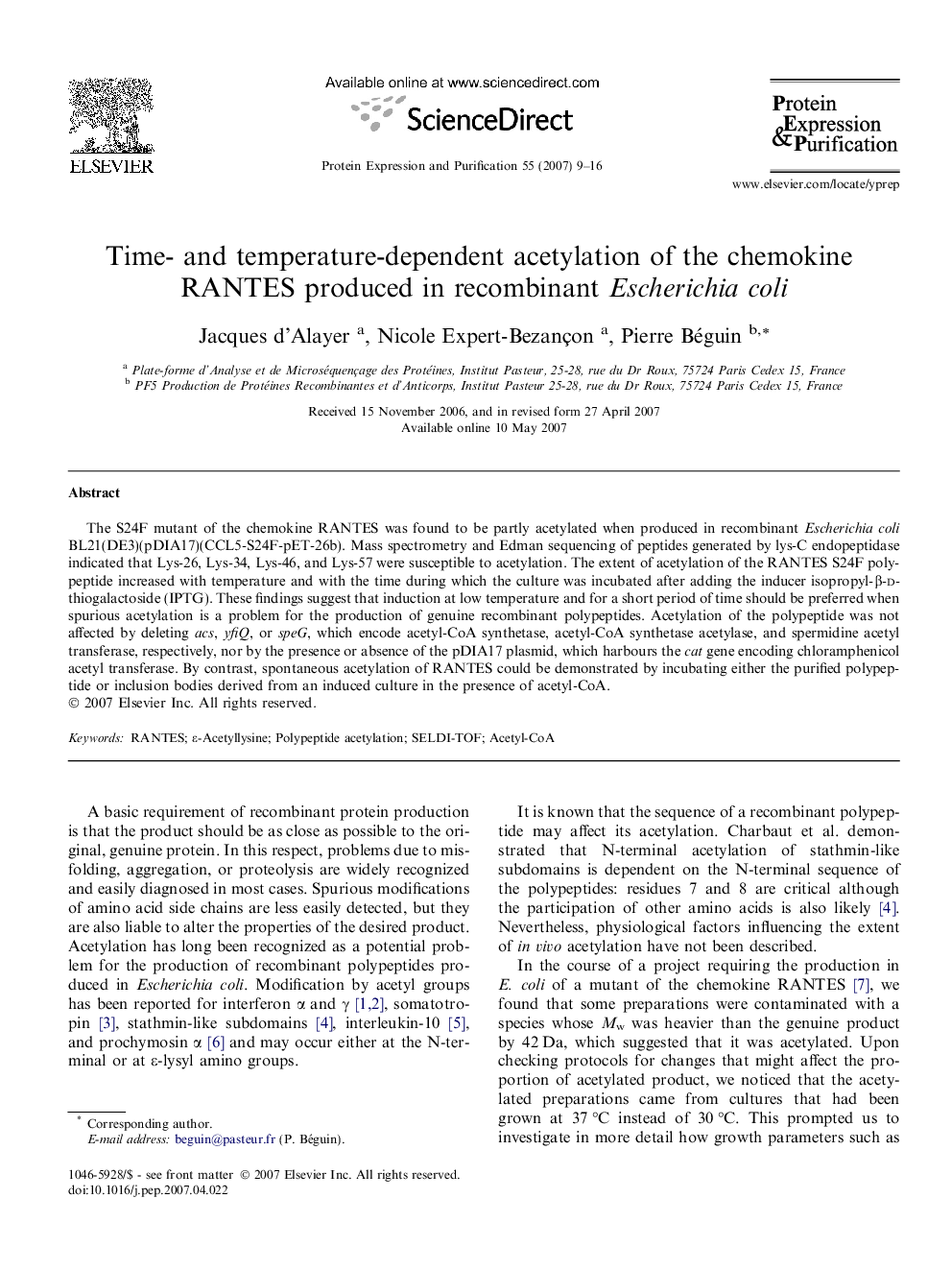 Time- and temperature-dependent acetylation of the chemokine RANTES produced in recombinant Escherichia coli