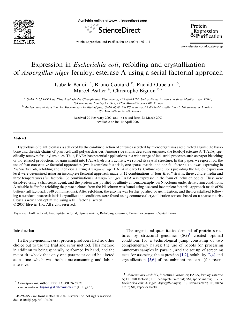 Expression in Escherichia coli, refolding and crystallization of Aspergillus niger feruloyl esterase A using a serial factorial approach