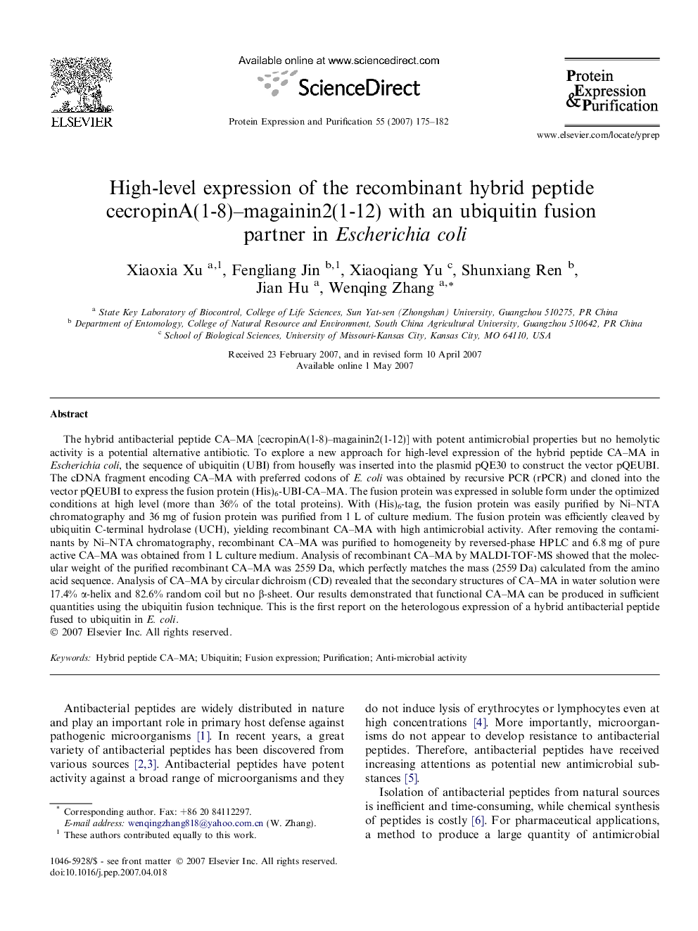 High-level expression of the recombinant hybrid peptide cecropinA(1-8)–magainin2(1-12) with an ubiquitin fusion partner in Escherichia coli