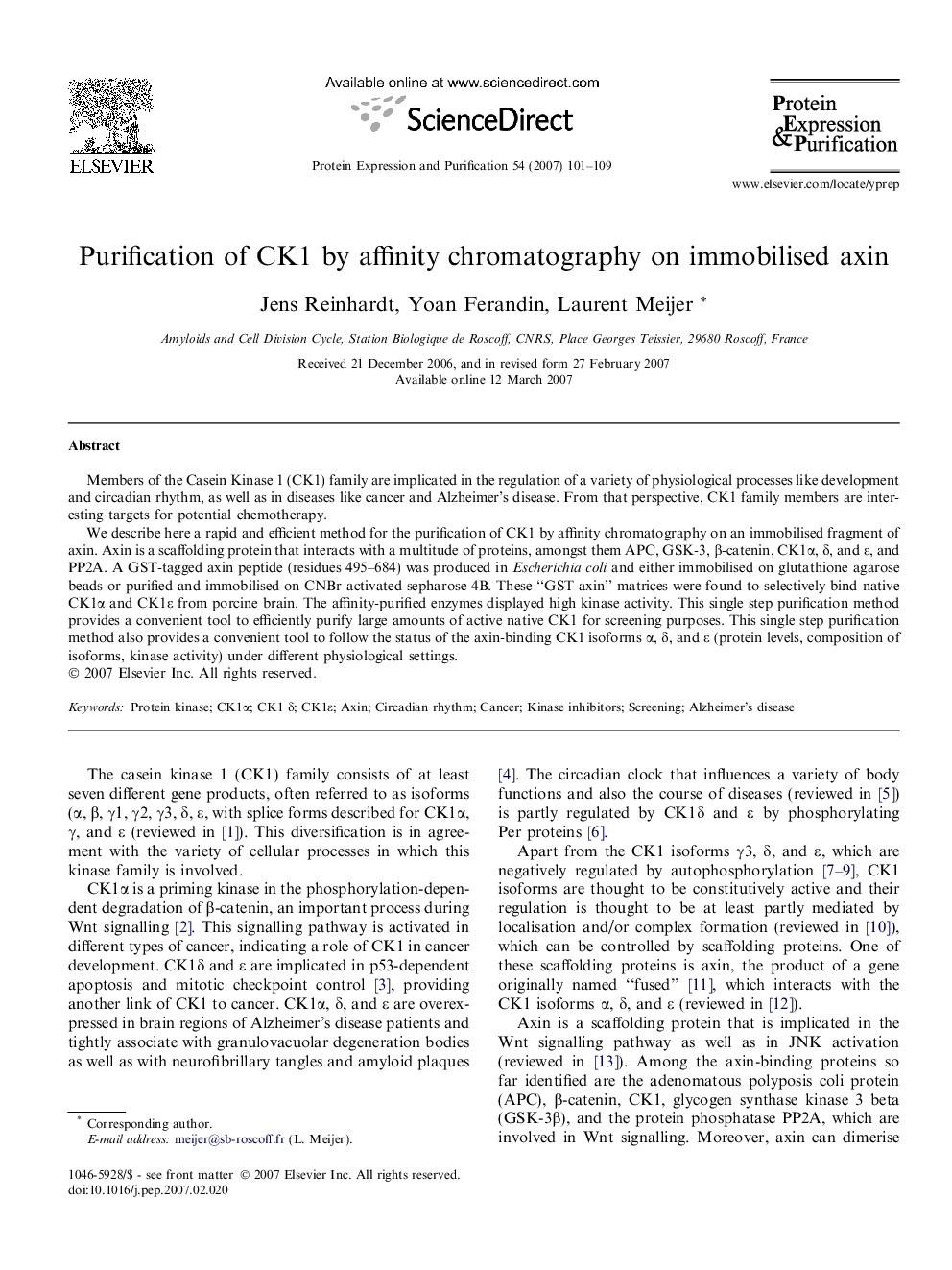 Purification of CK1 by affinity chromatography on immobilised axin