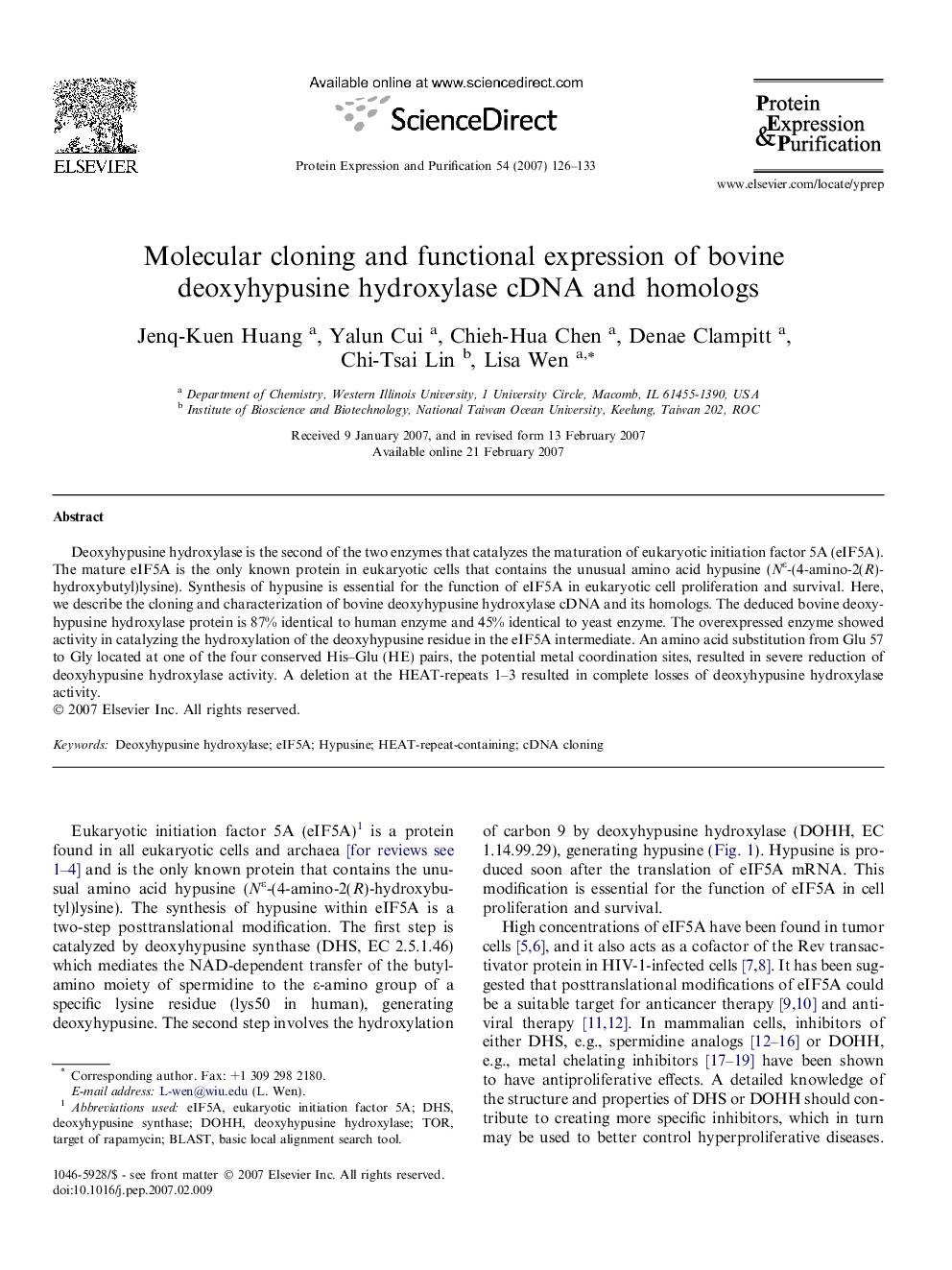 Molecular cloning and functional expression of bovine deoxyhypusine hydroxylase cDNA and homologs