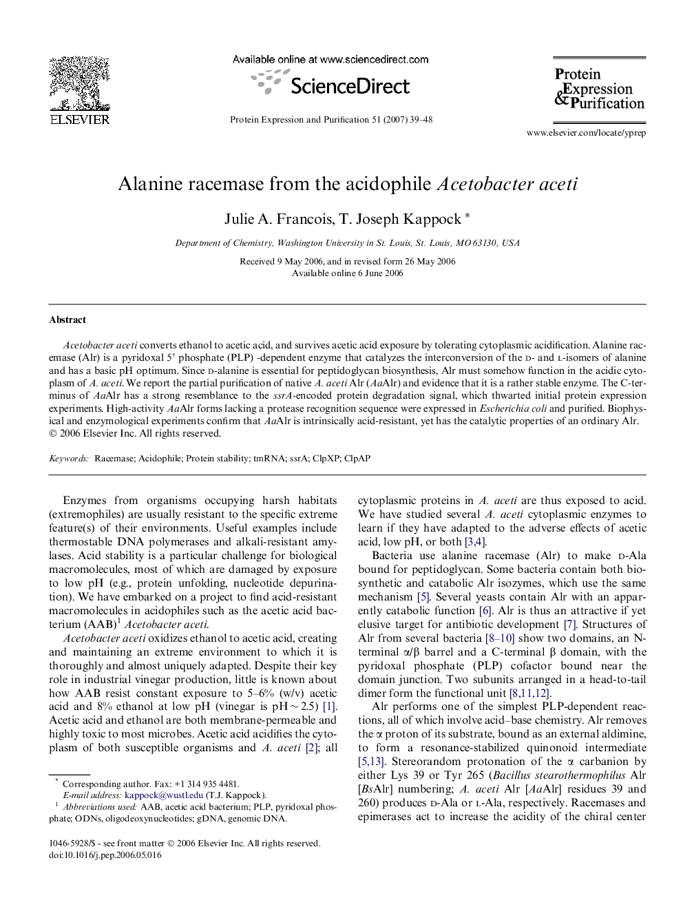 Alanine racemase from the acidophile Acetobacter aceti