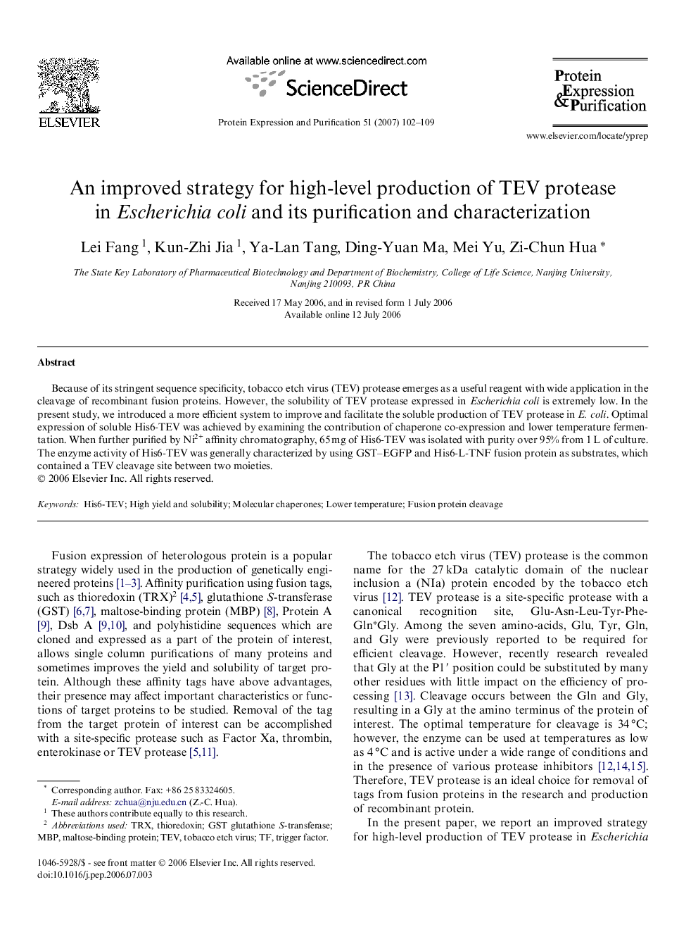 An improved strategy for high-level production of TEV protease in Escherichia coli and its purification and characterization