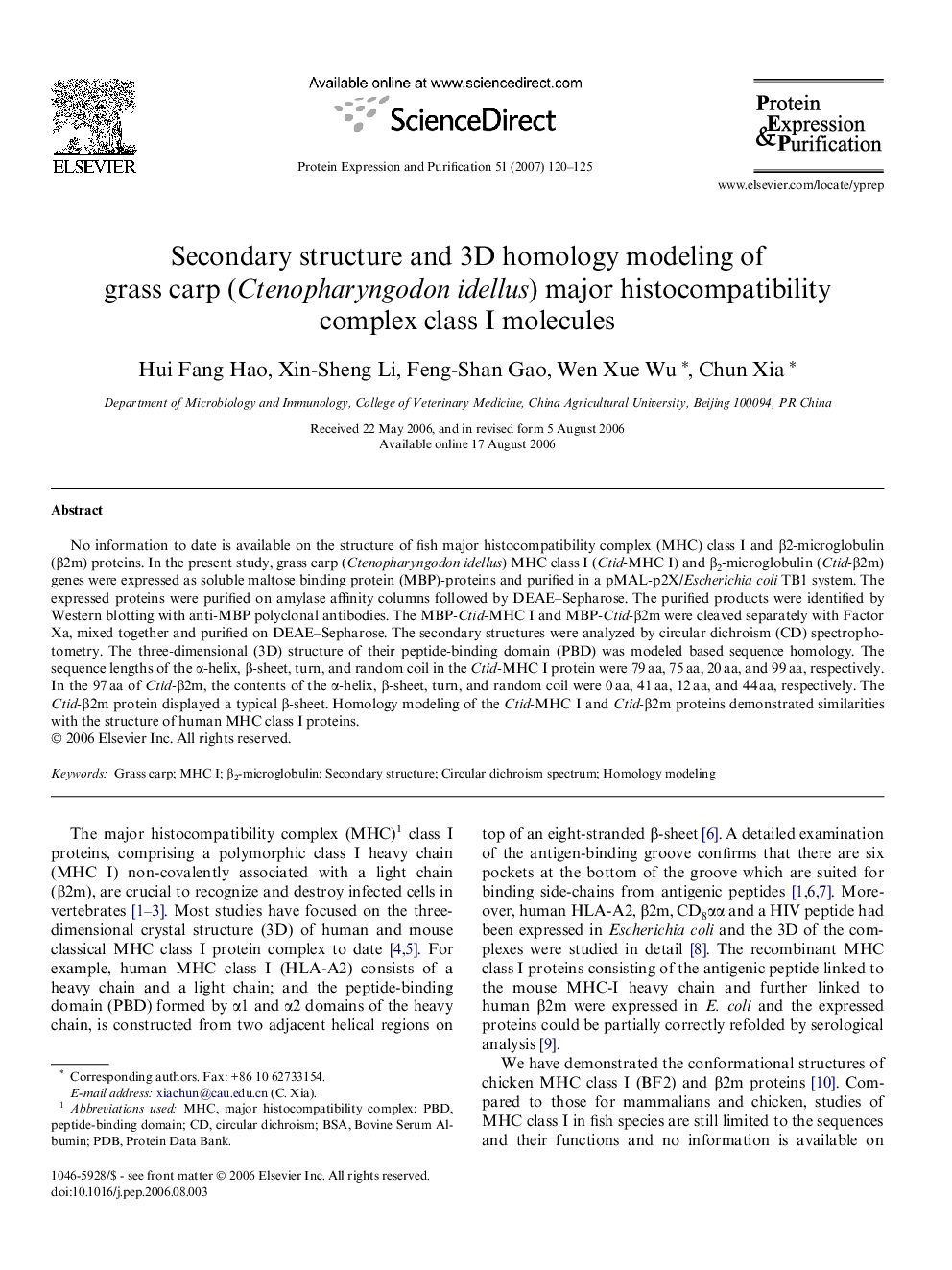 Secondary structure and 3D homology modeling of grass carp (Ctenopharyngodon idellus) major histocompatibility complex class I molecules