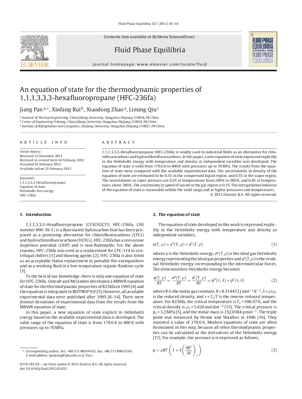 An equation of state for the thermodynamic properties of 1,1,1,3,3,3-hexafluoropropane (HFC-236fa)