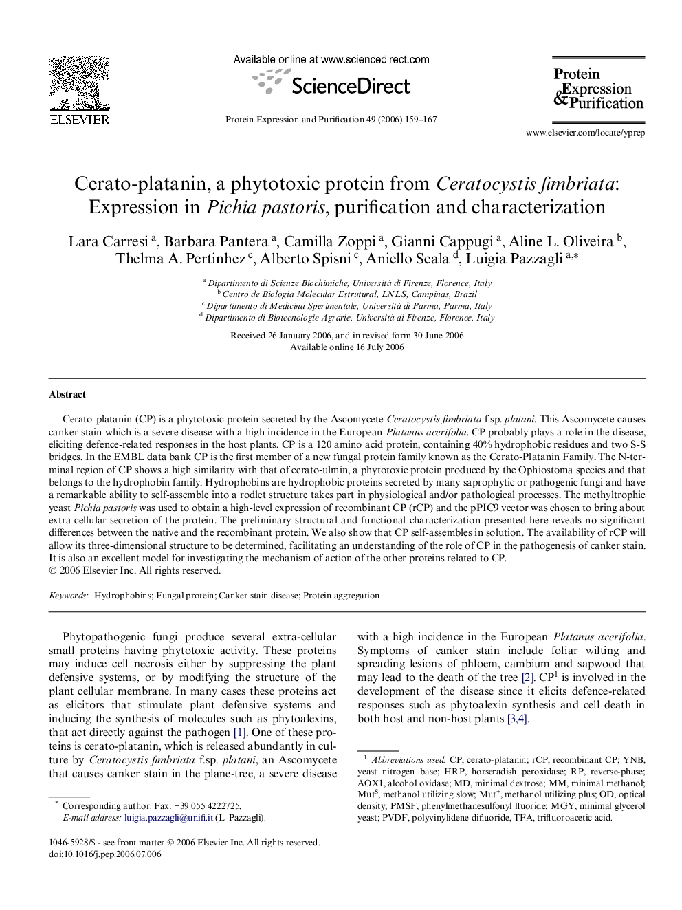 Cerato-platanin, a phytotoxic protein from Ceratocystis fimbriata: Expression in Pichia pastoris, purification and characterization