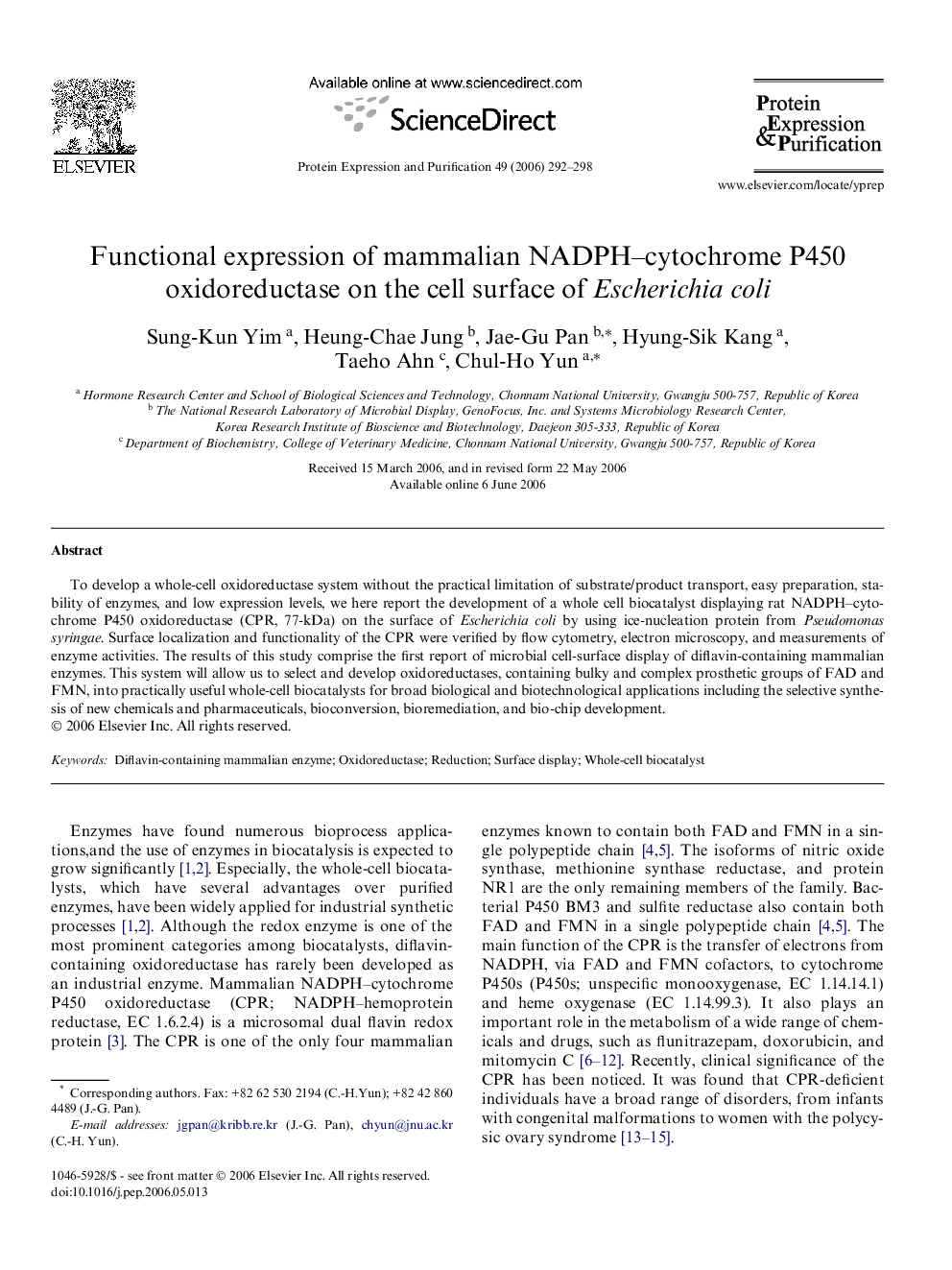 Functional expression of mammalian NADPH–cytochrome P450 oxidoreductase on the cell surface of Escherichia coli