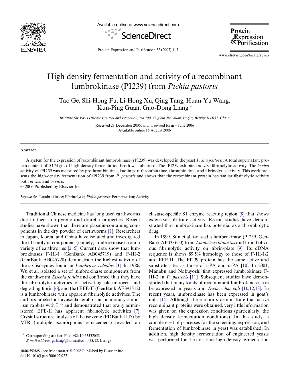 High density fermentation and activity of a recombinant lumbrokinase (PI239) from Pichia pastoris