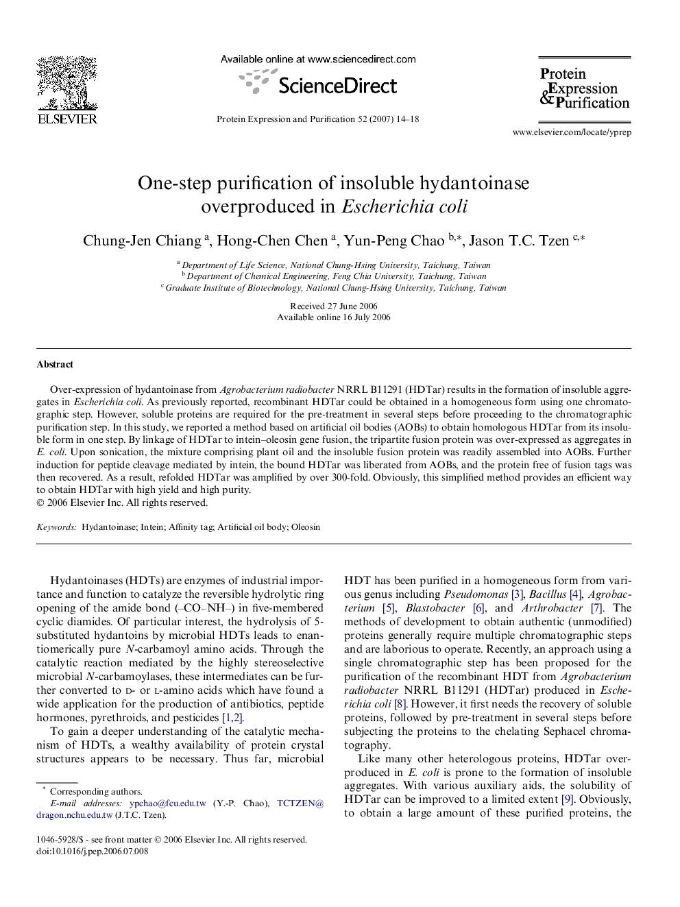 One-step purification of insoluble hydantoinase overproduced in Escherichia coli