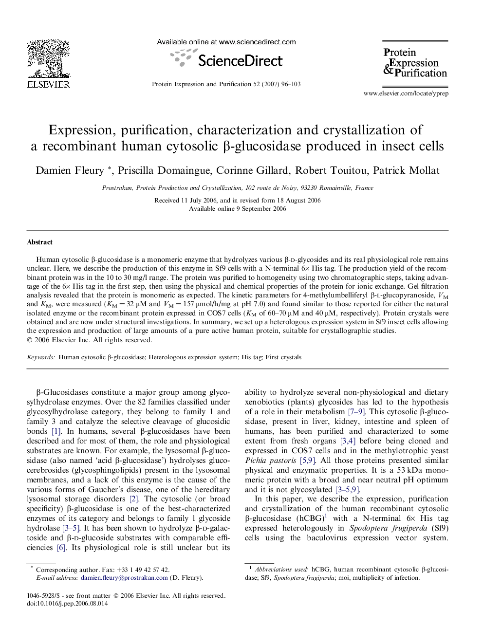 Expression, purification, characterization and crystallization of a recombinant human cytosolic β-glucosidase produced in insect cells